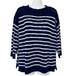 Ninety Clothing Co Lightweight Cotton Knit Sweater Navy Blue White Stripes Small